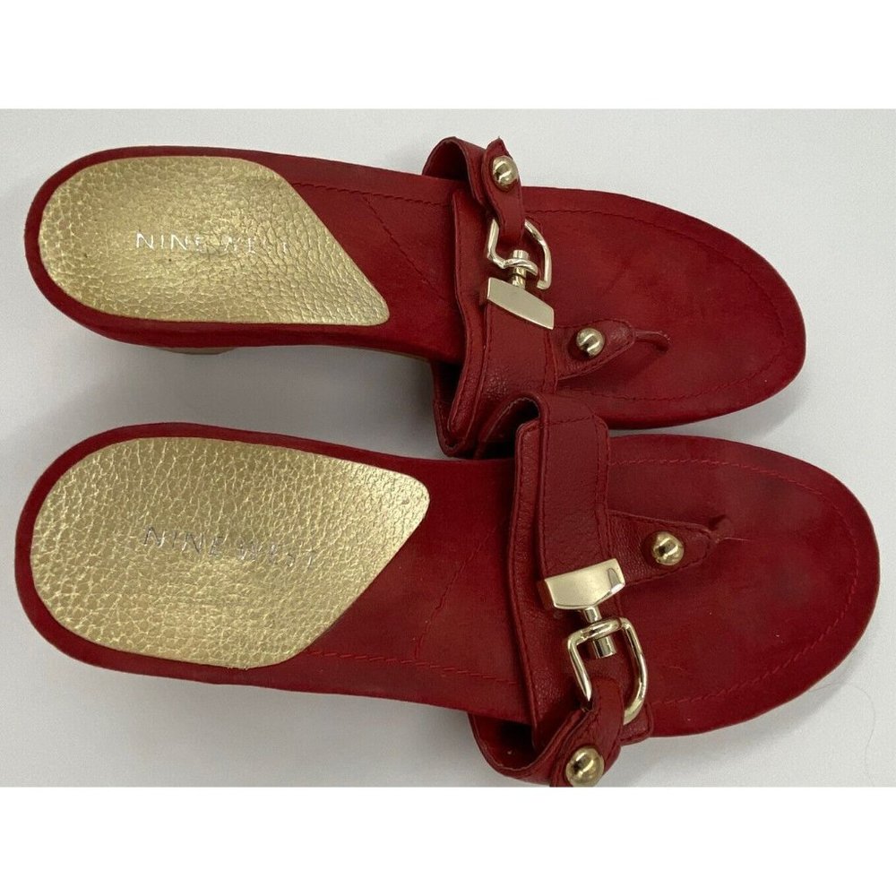 Nine West Red Women’s Size 7.5 Slip-On Sandals Leather Wedge Buckle Summer - Picture 2 of 12